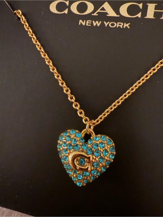 Jewelry - New Coach Teal Blue Pave Crystal Puffed Heart Necklace